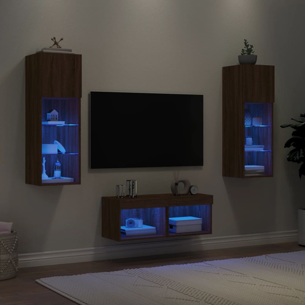 Vetonek Muebles de TV de pared con luces LED 4 piezas marrón roble