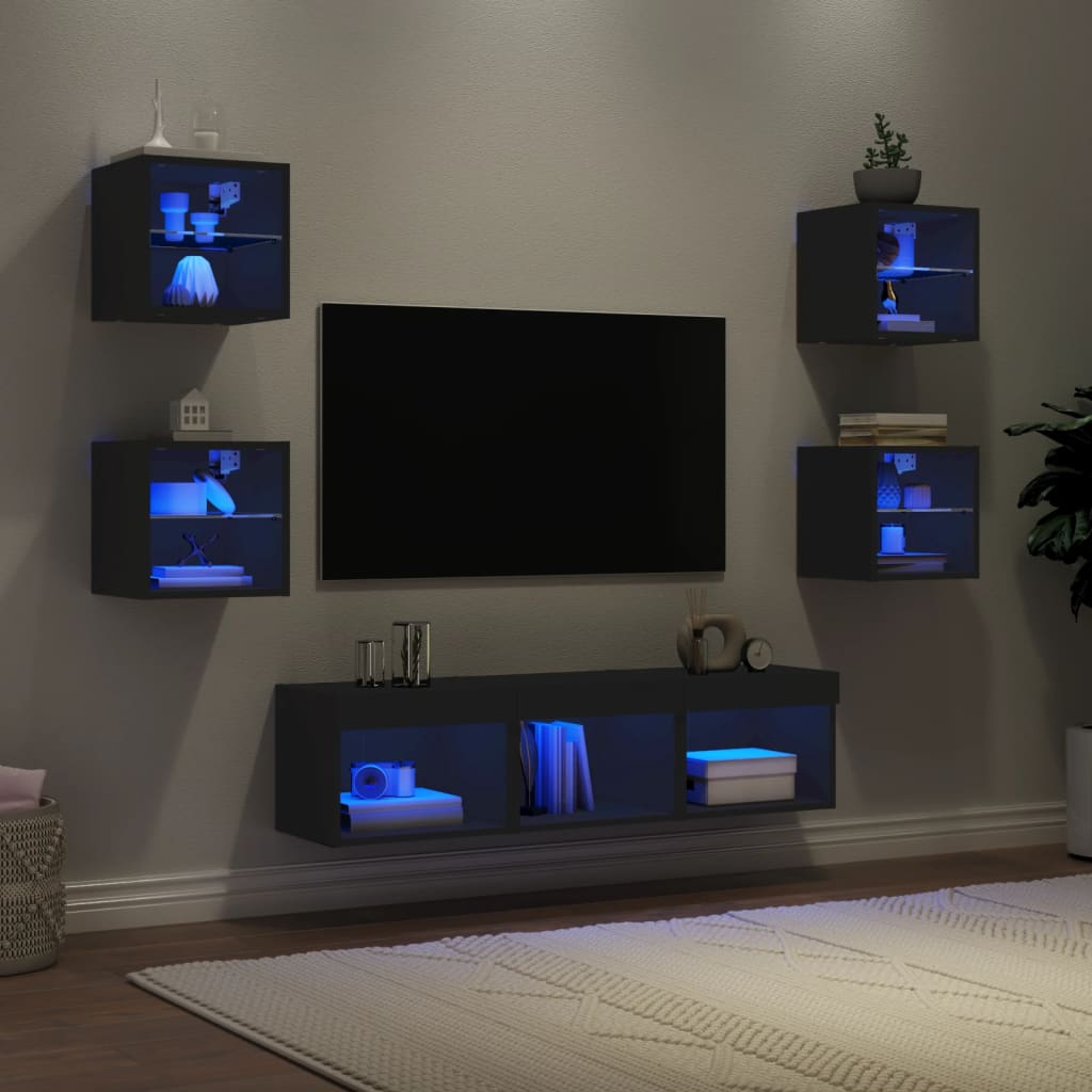 Vetonek Muebles de TV de pared con LED 7 pzas madera ingeniería negro