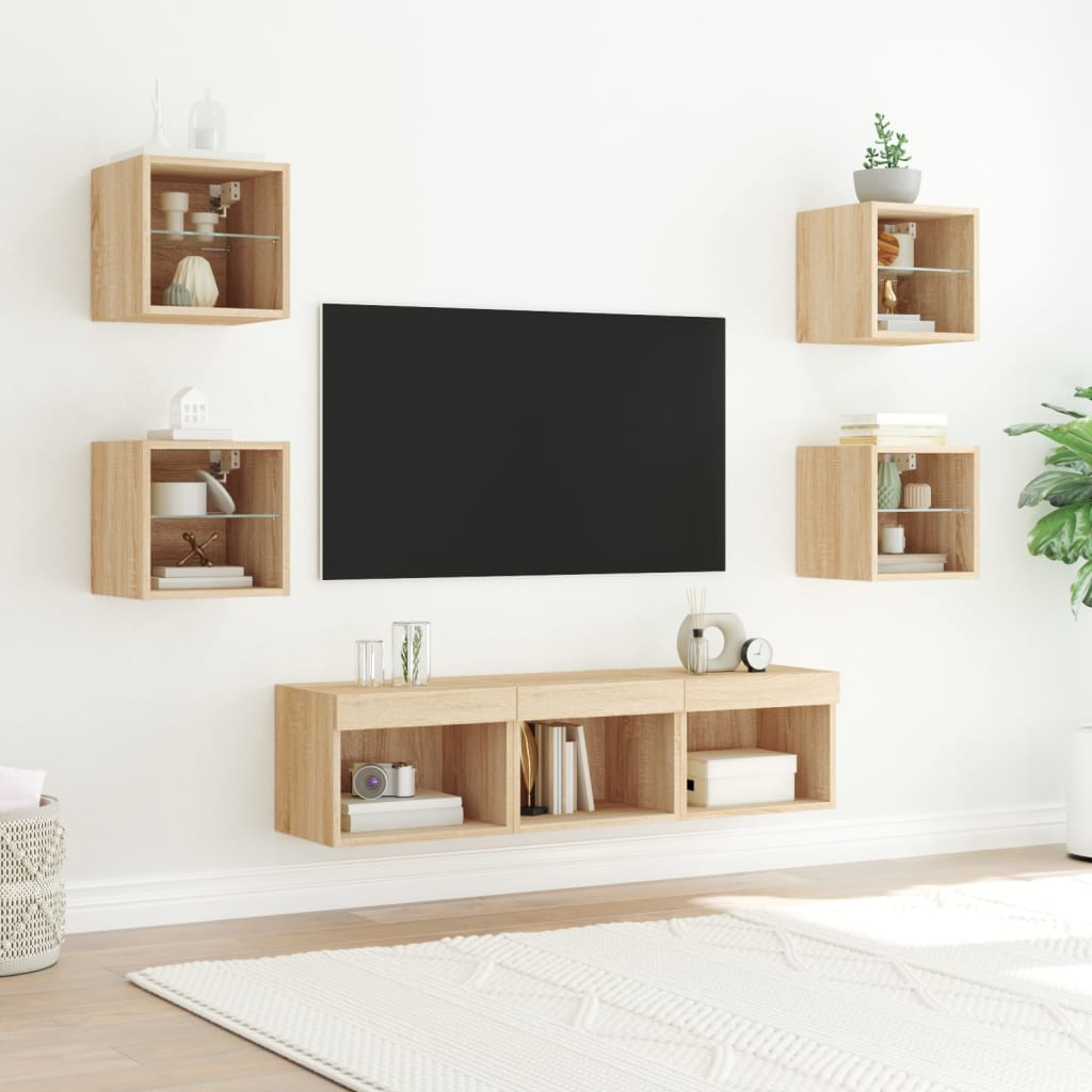 Muebles TV pared con LED 7 pzas madera sintetizada Nexus roble Sonoma