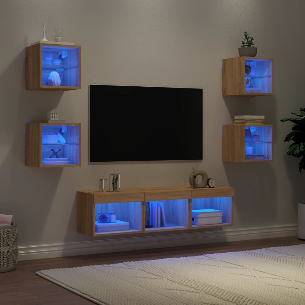 Vetonek Muebles TV pared con LED 7 pzas madera ingeniería roble Sonoma