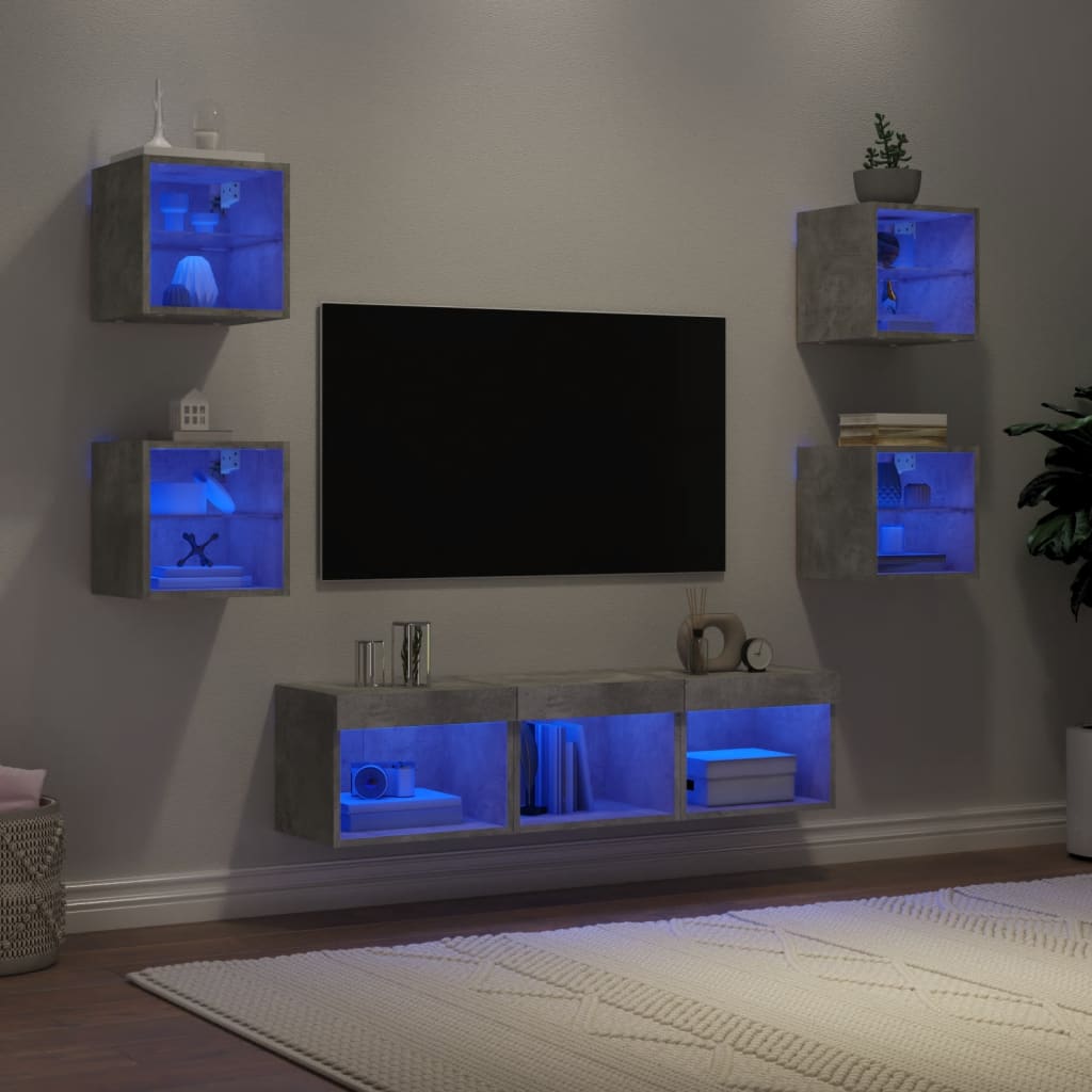 Vetonek Muebles TV pared con LED 7 pzas madera ingeniería gris hormigón