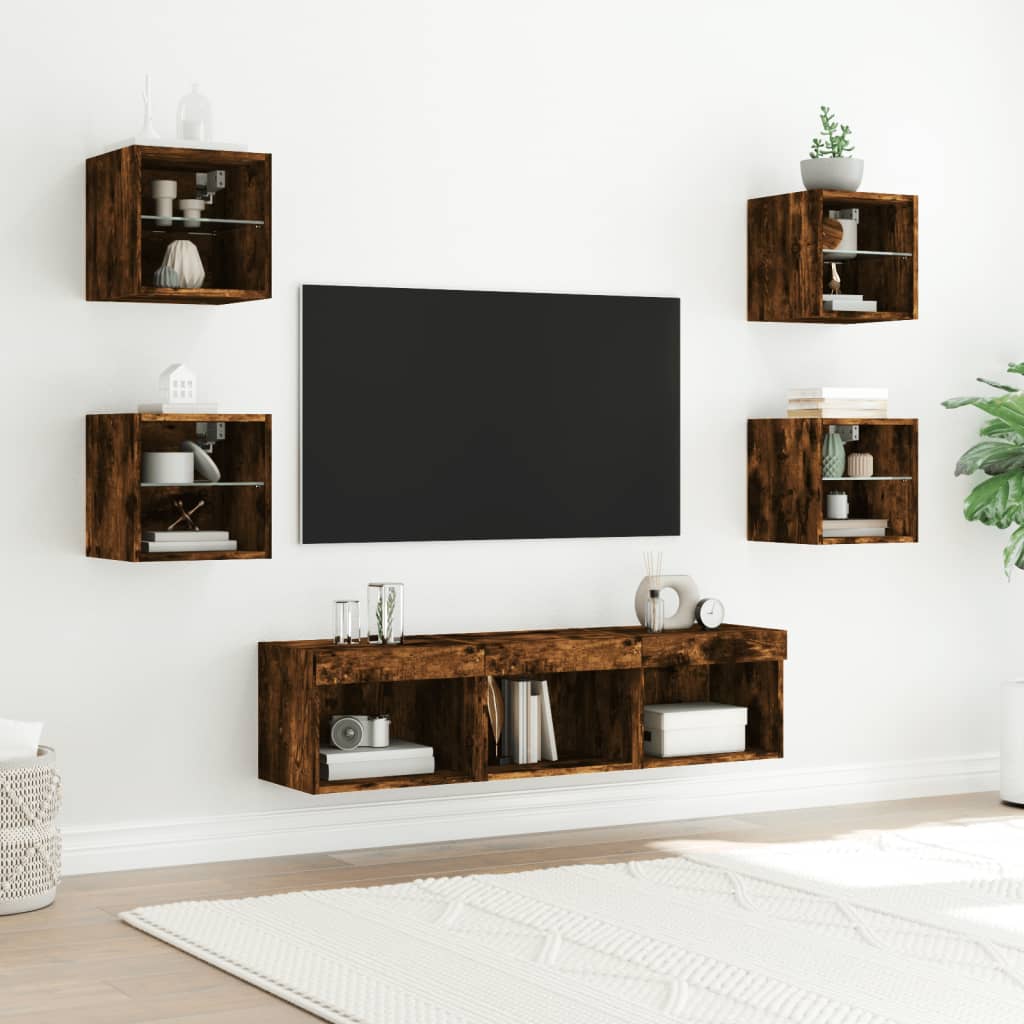 Muebles TV pared con LED 7 pzas madera sintetizada Nexus roble ahumado