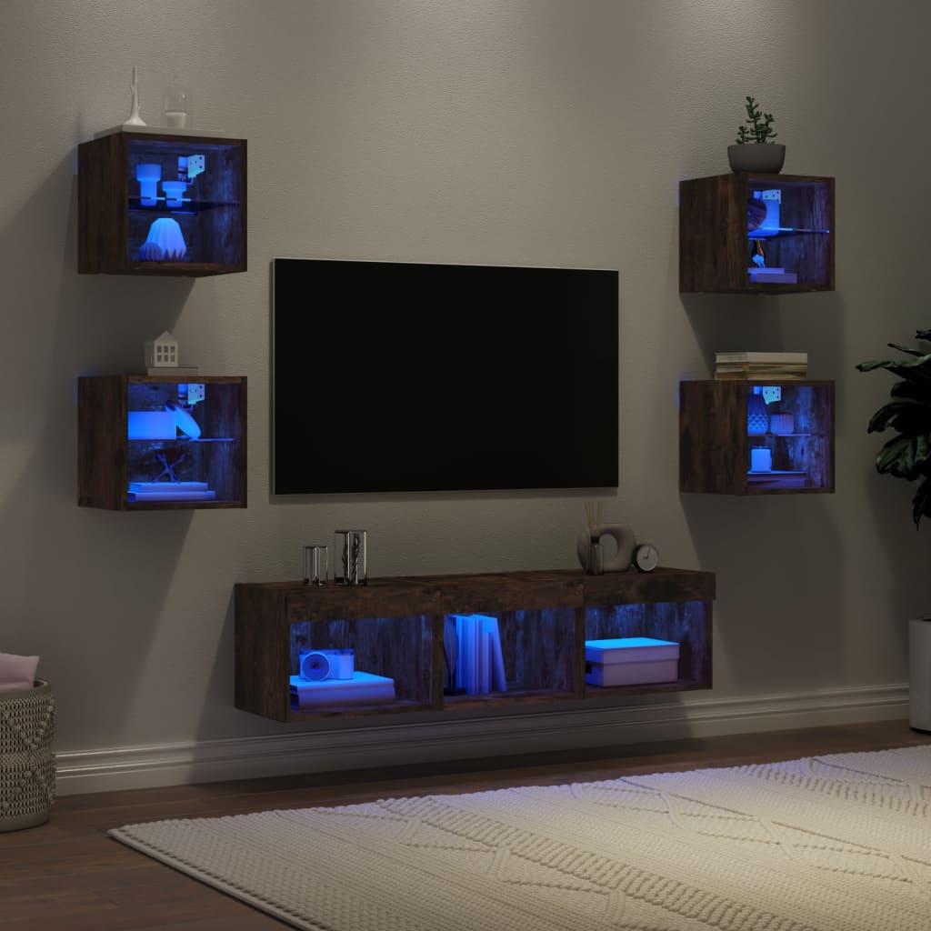 Vetonek Muebles TV pared con LED 7 pzas madera ingeniería roble ahumado