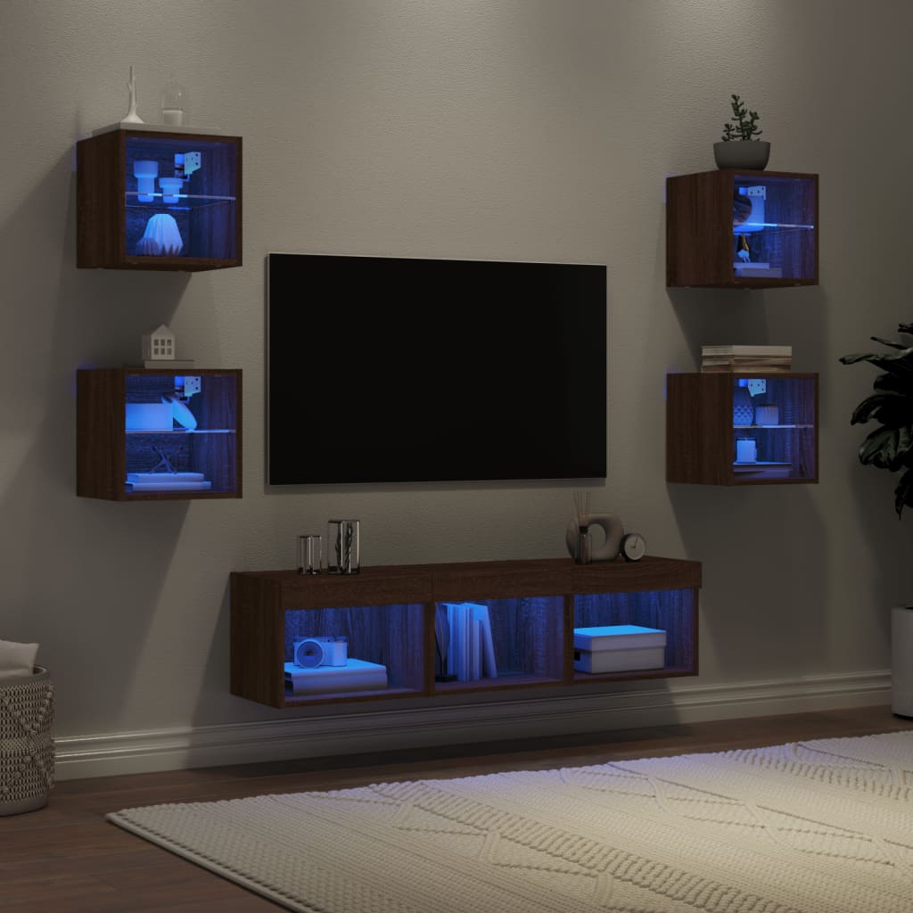 Vetonek Muebles TV pared con LED 7 pzas madera ingeniería marrón roble