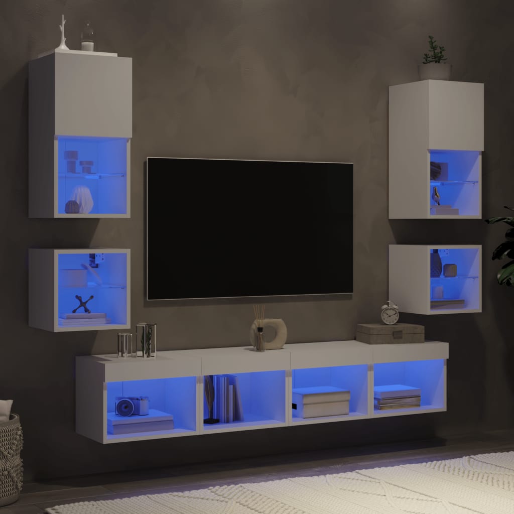 Vetonek Muebles de TV de pared con LED 8 pzas madera ingeniería blanco