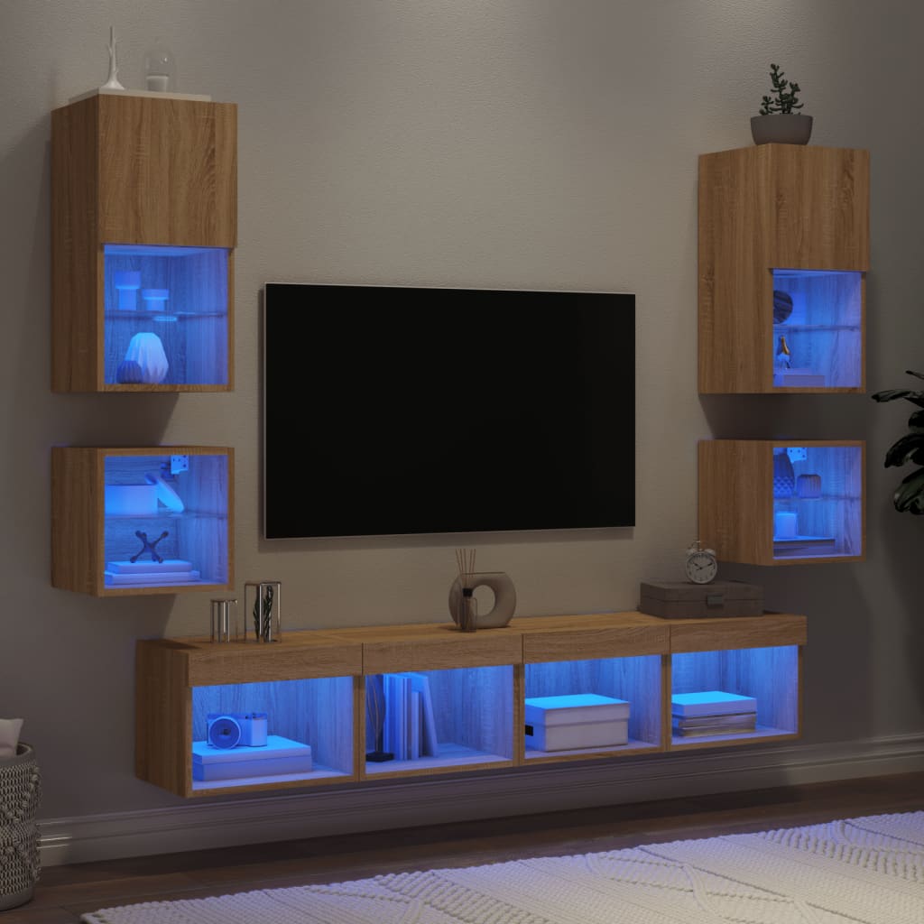 Vetonek Muebles TV pared con LED 8 pzas madera ingeniería roble Sonoma