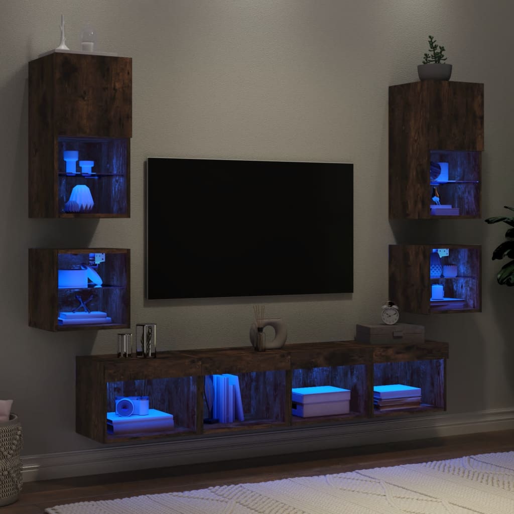 Vetonek Muebles TV pared con LED 8 pzas madera ingeniería roble ahumado