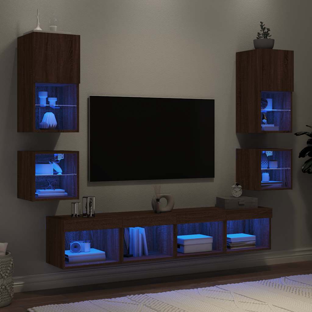 Vetonek Muebles TV pared con LED 8 pzas madera ingeniería marrón roble