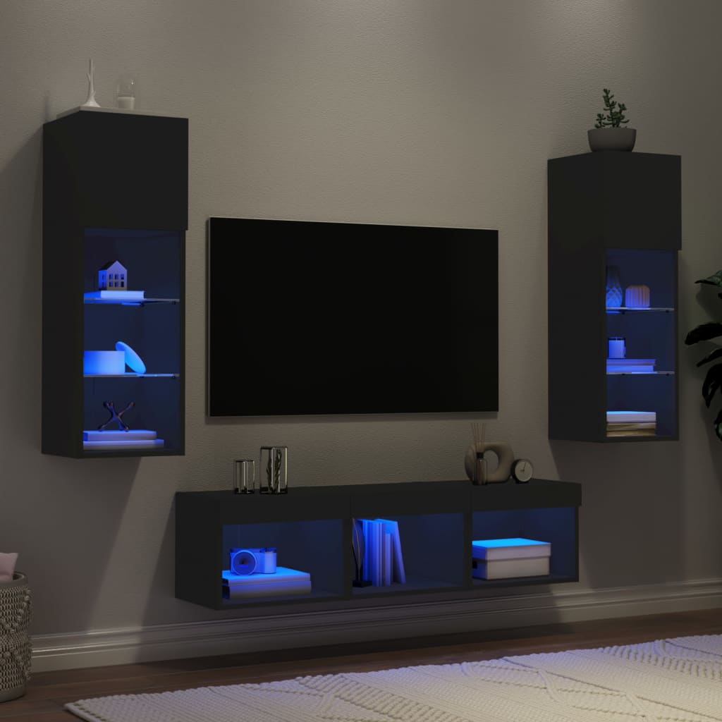 Vetonek Muebles de TV de pared con LED 5 pzas madera ingeniería negro