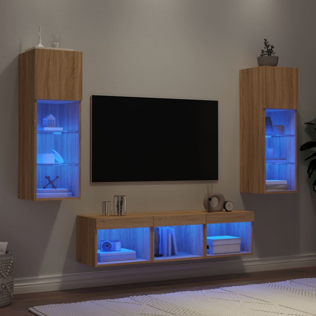 Vetonek Muebles TV pared con LED 5 pzas madera ingeniería roble Sonoma