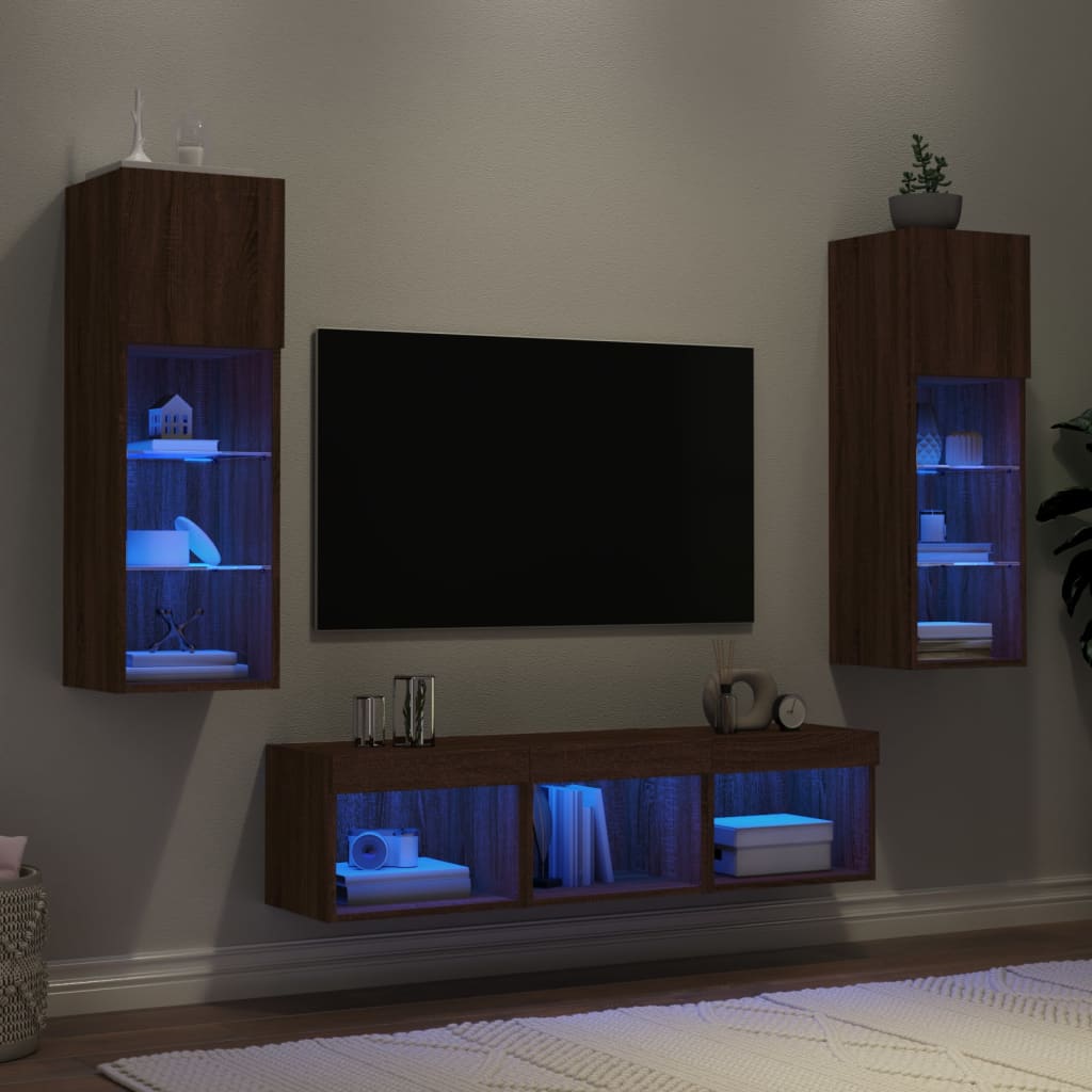 Vetonek Muebles TV pared con LED 5 pzas madera ingeniería marrón roble