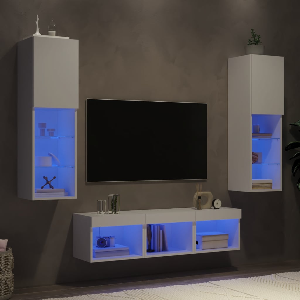 Vetonek Muebles de TV de pared con LED 5 pzas madera ingeniería blanco