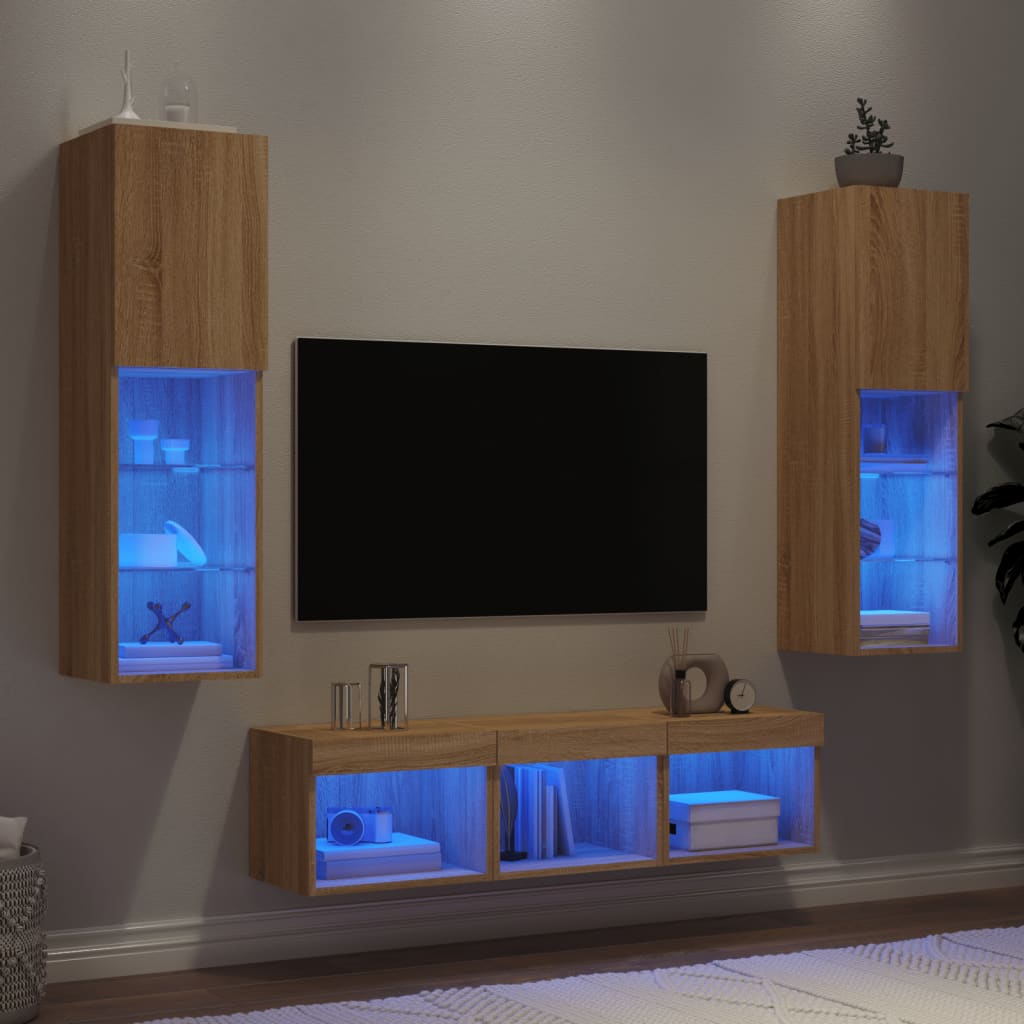 Vetonek Muebles TV pared con LED 5 pzas madera ingeniería roble Sonoma