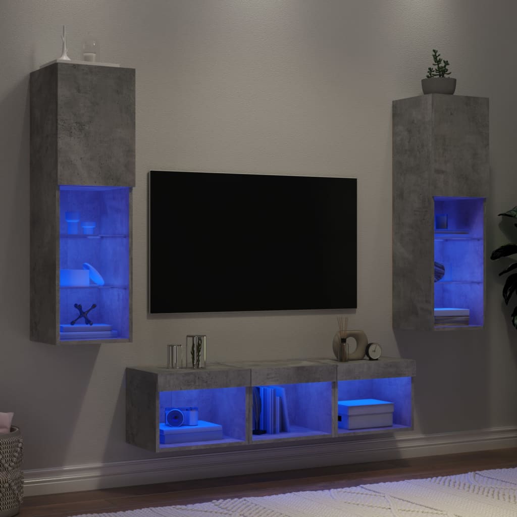 Vetonek Muebles TV pared con LED 5 pzas madera ingeniería gris hormigón