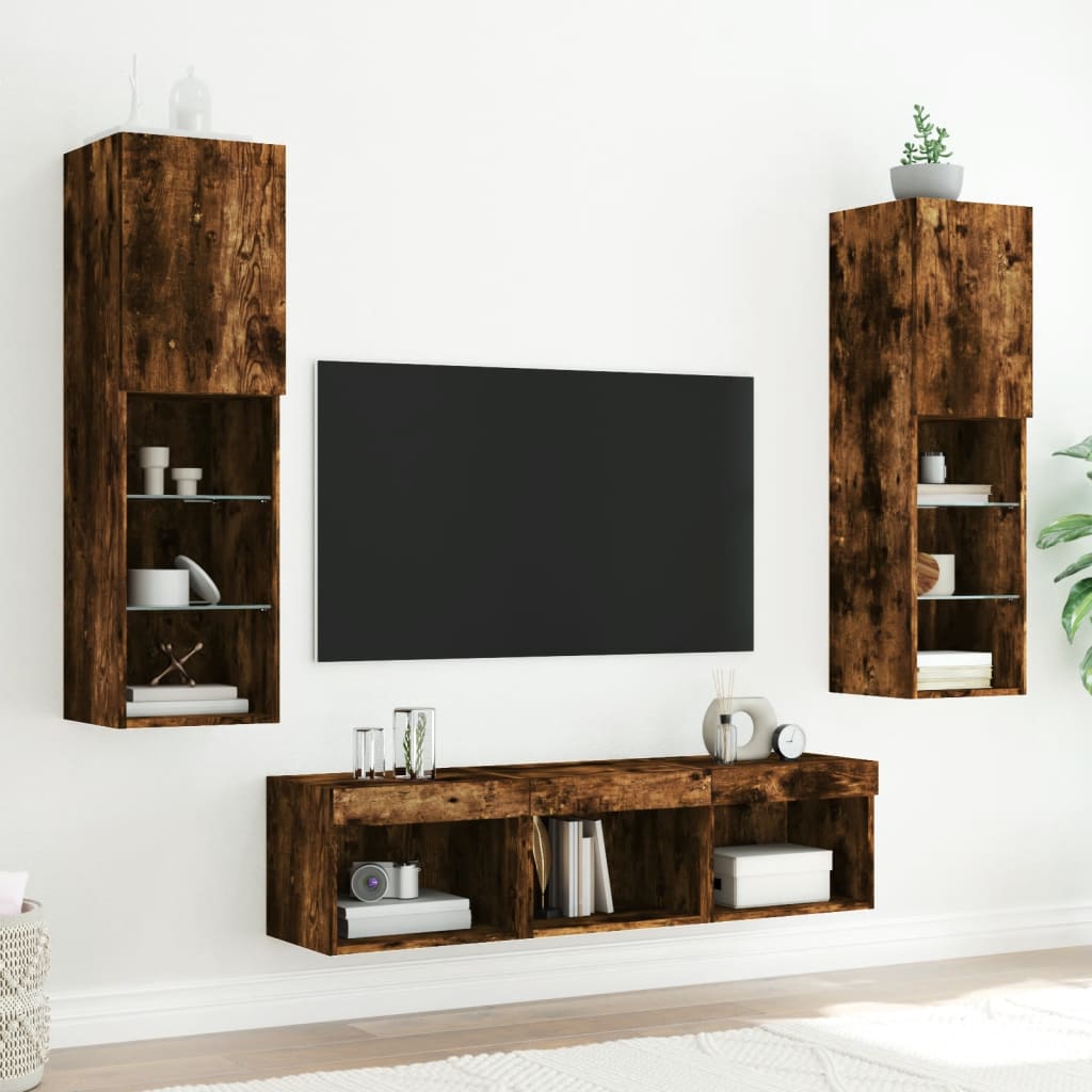 Muebles TV pared con LED 5 pzas madera sintetizada Nexus roble ahumado