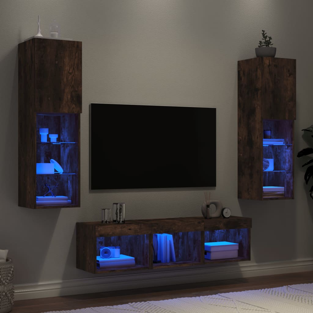 Vetonek Muebles TV pared con LED 5 pzas madera ingeniería roble ahumado