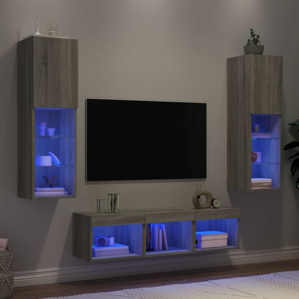 Vetonek Muebles TV pared con LED 5 pzas madera ingeniería gris Sonoma