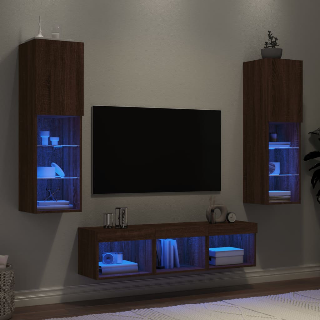 Vetonek Muebles TV pared con LED 5 pzas madera ingeniería marrón roble