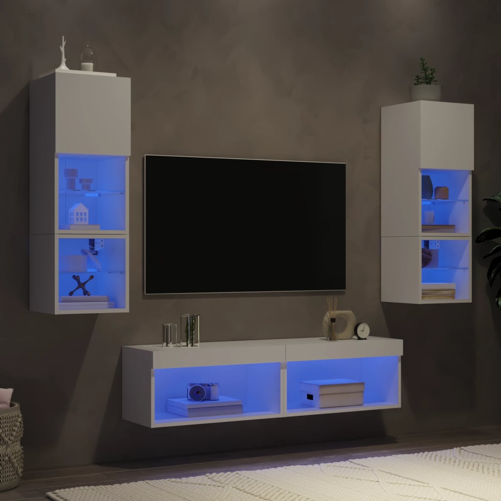 Vetonek Muebles de TV de pared con LED 6 pzas madera ingeniería blanco