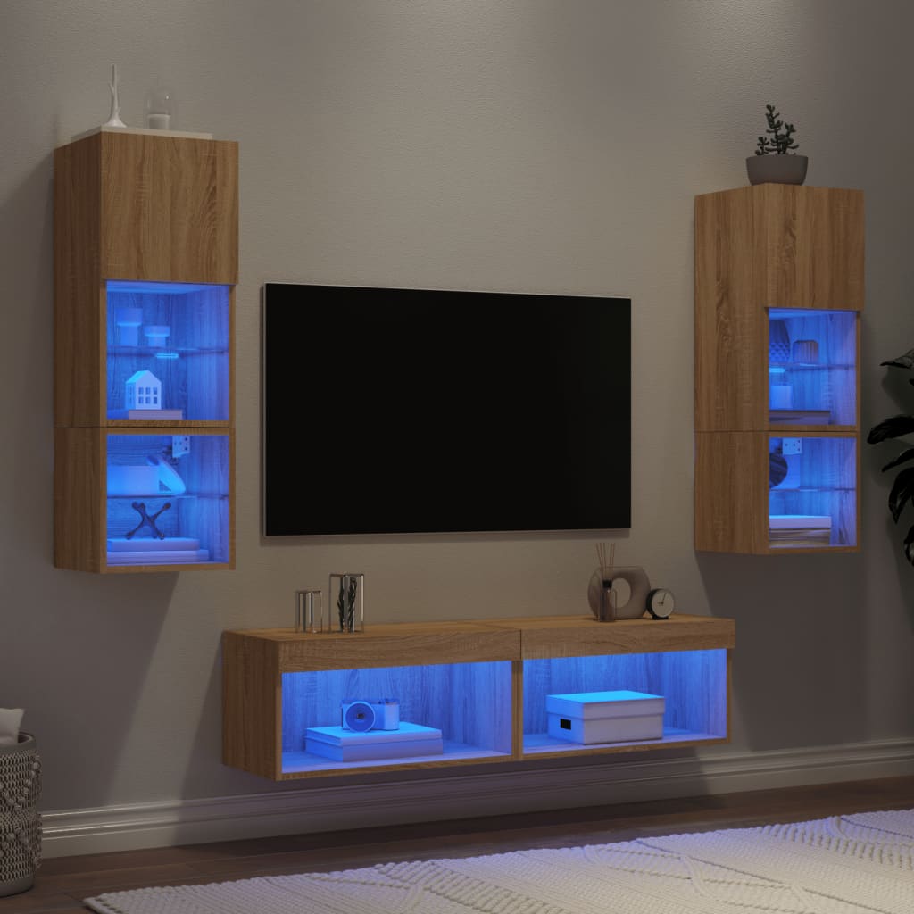 Vetonek Muebles TV pared con LED 6 pzas madera ingeniería roble Sonoma