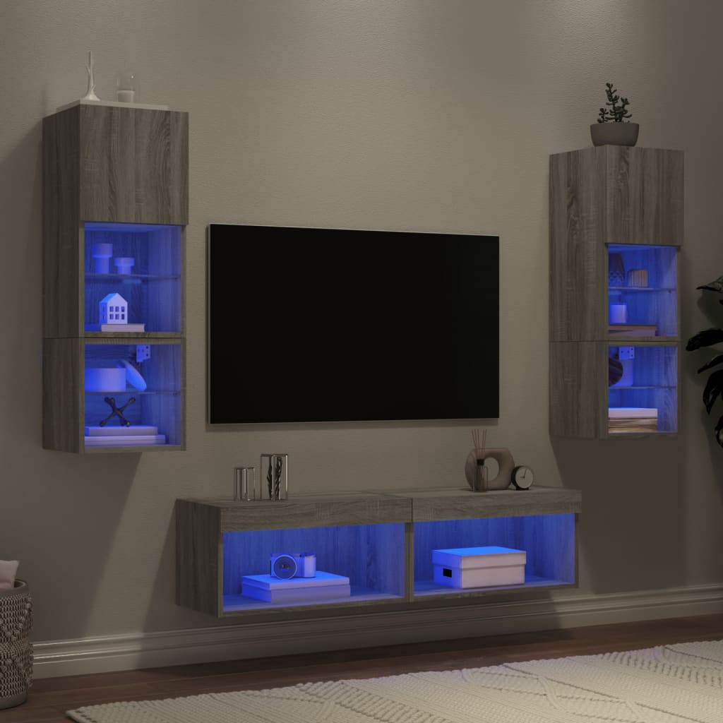 Vetonek Muebles TV pared con LED 6 pzas madera ingeniería gris Sonoma