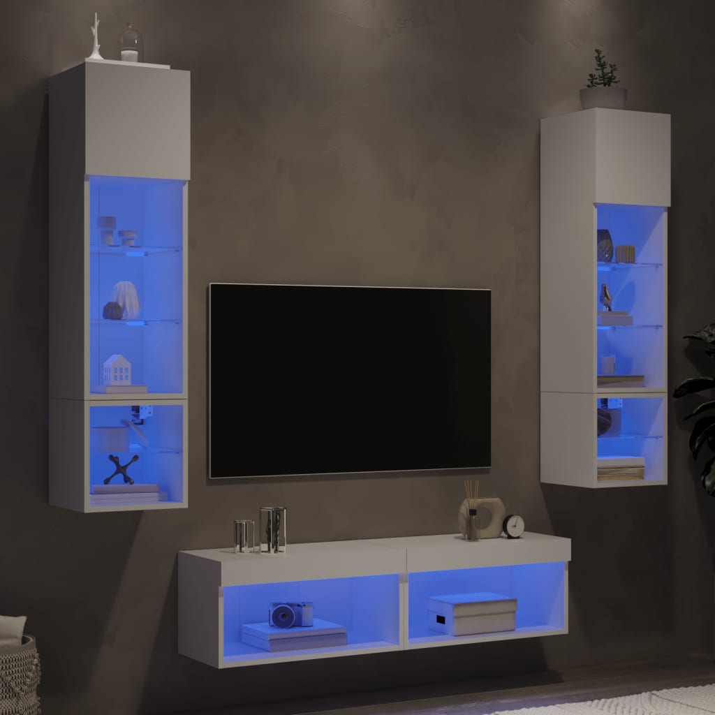 Vetonek Muebles de TV de pared con LED 6 pzas madera ingeniería blanco