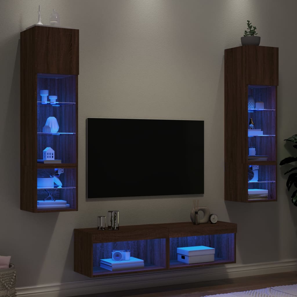 Vetonek Muebles TV pared con LED 6 pzas madera ingeniería marrón roble