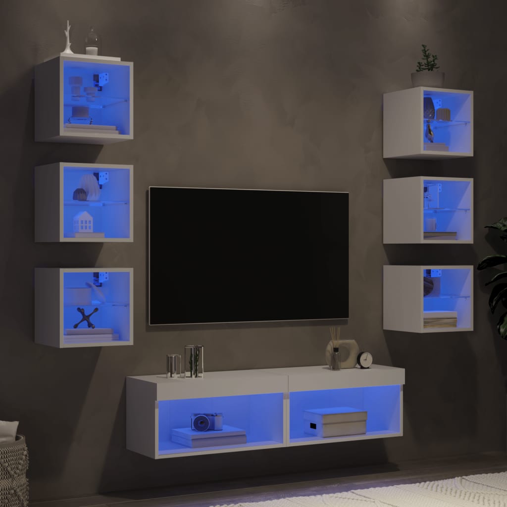 Vetonek Muebles de TV de pared con LED 8 pzas madera ingeniería blanco