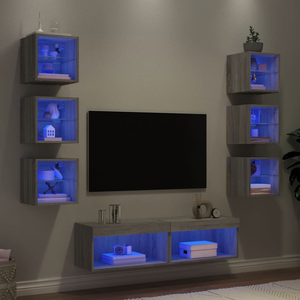 Vetonek Muebles TV pared con LED 8 pzas madera ingeniería gris Sonoma