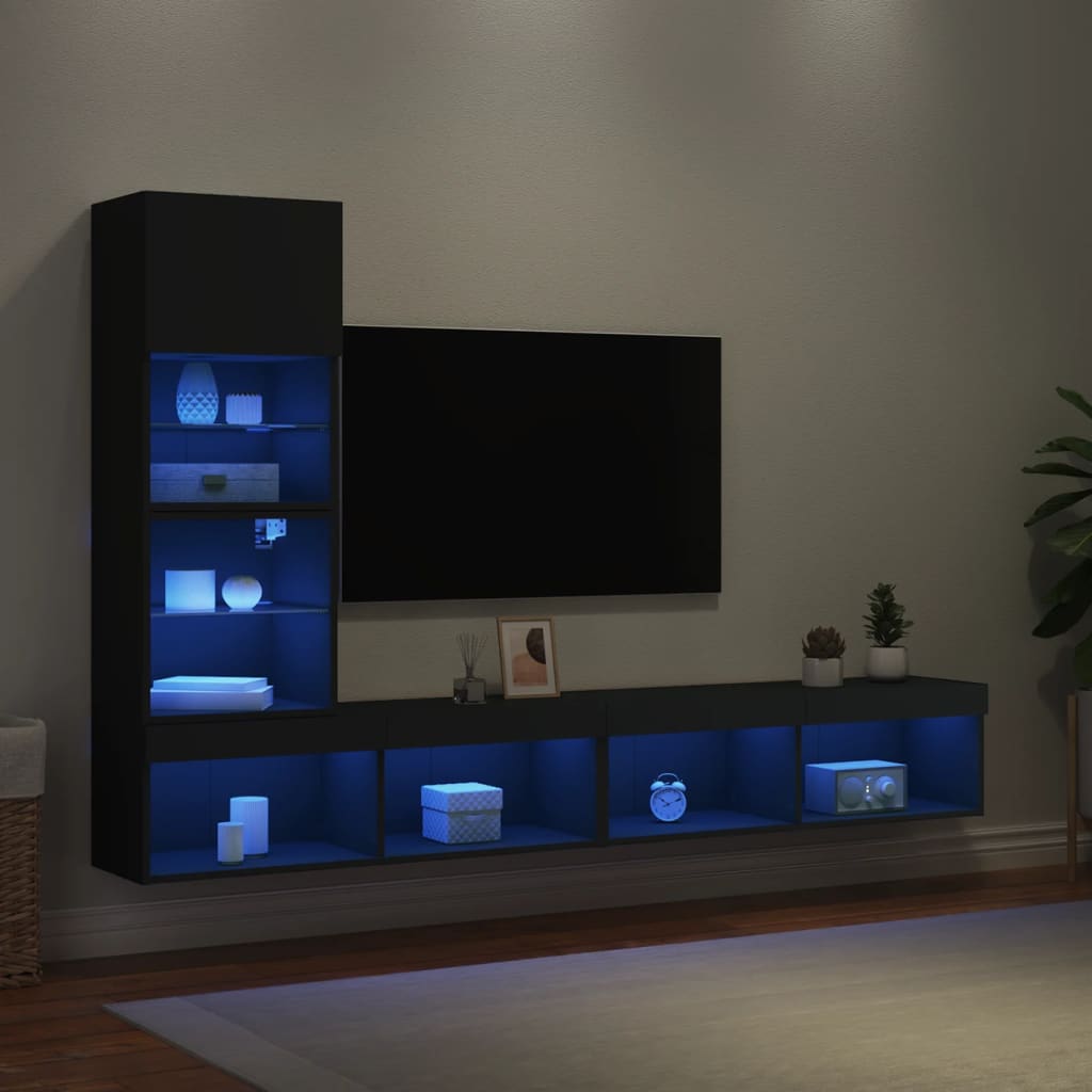 Vetonek Muebles de TV de pared con LED 4 pzas madera ingeniería negro