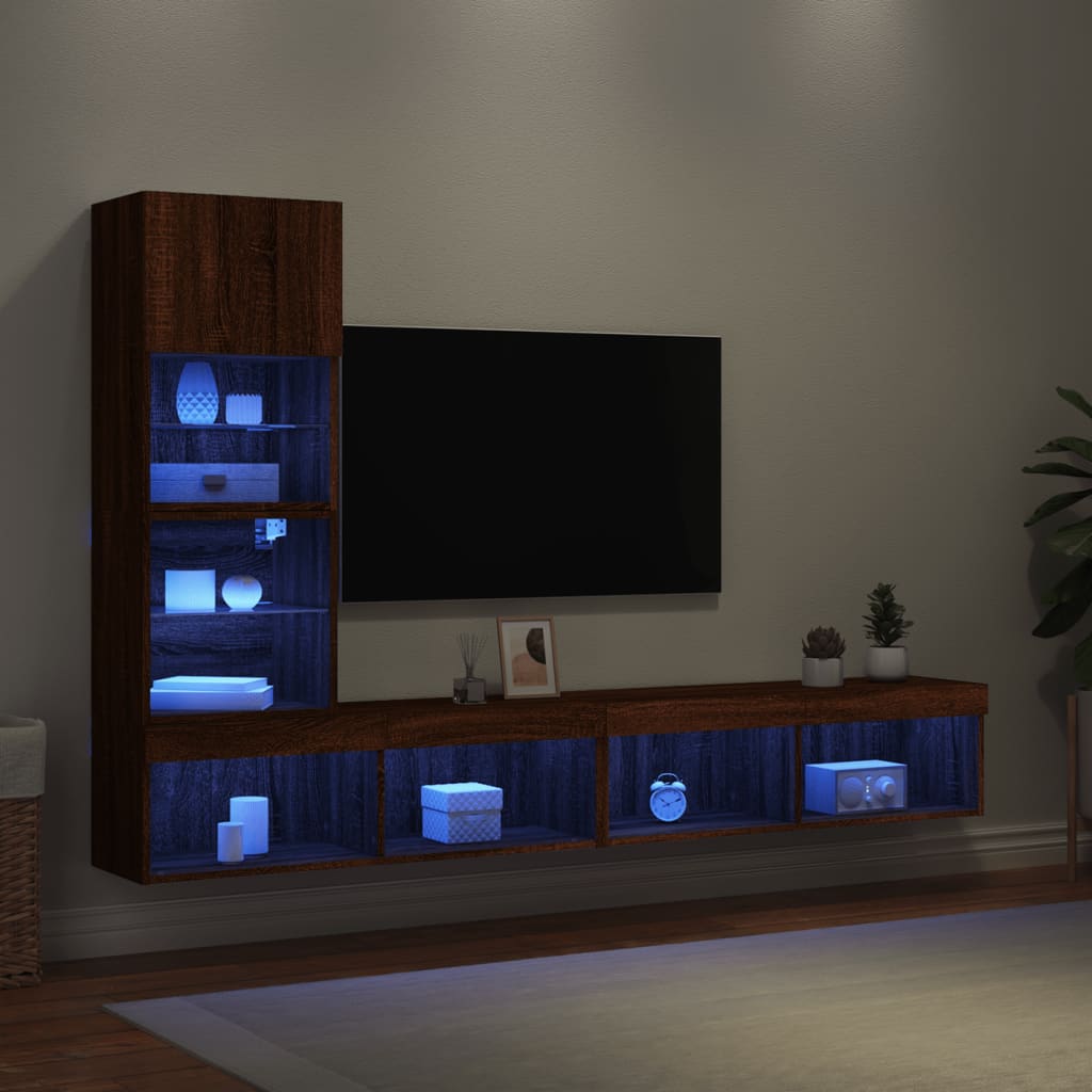 Vetonek Muebles TV pared con LED 4 pzas madera ingeniería marrón roble