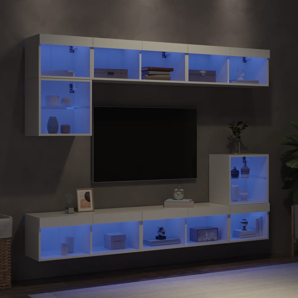 Vetonek Muebles de TV de pared con LED 8 pzas madera ingeniería blanco