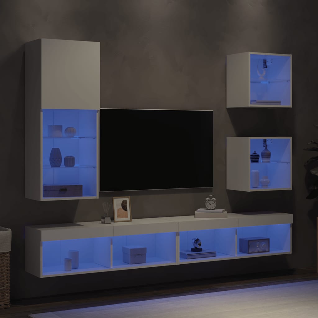 Vetonek Muebles de TV de pared con LED 5 pzas madera ingeniería blanco