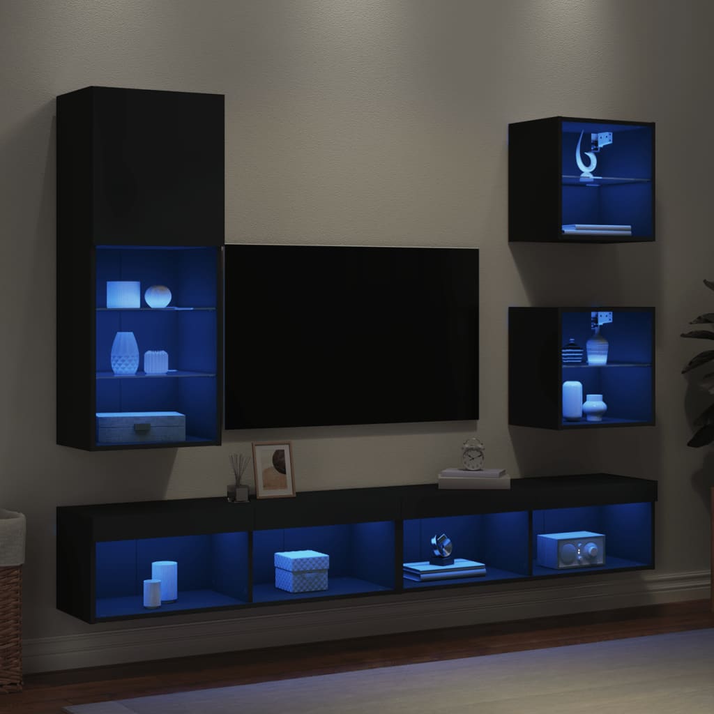 Vetonek Muebles de TV de pared con LED 5 pzas madera ingeniería negro