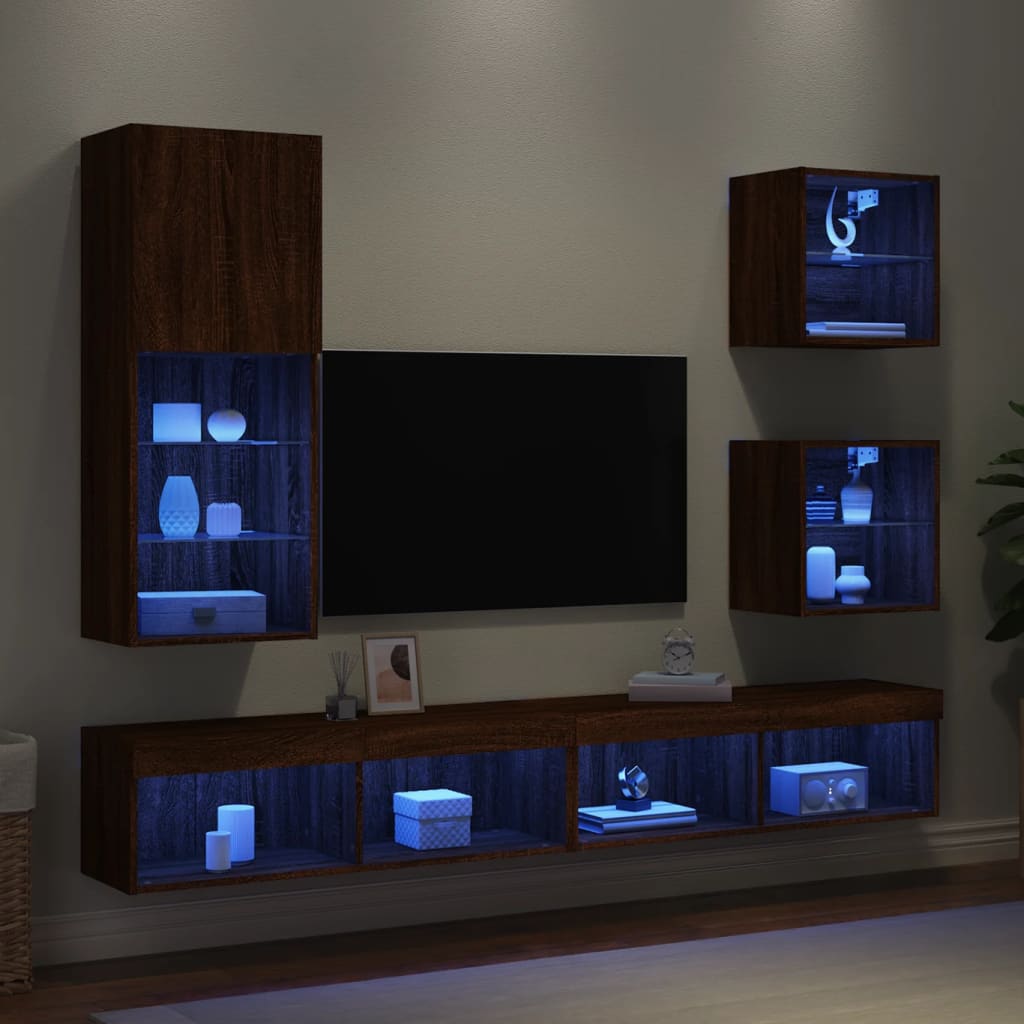 Vetonek Muebles TV pared con LED 5 pzas madera ingeniería marrón roble