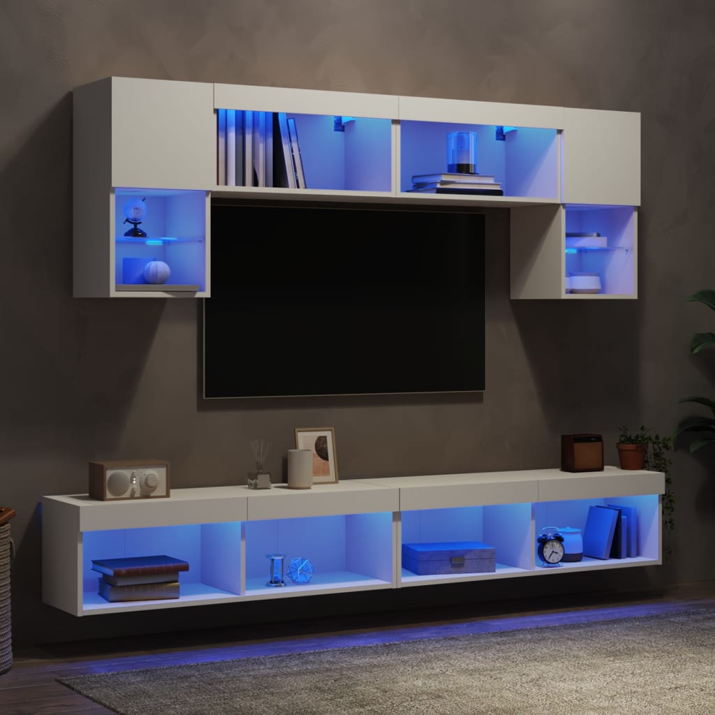 Vetonek Muebles de TV de pared con LED 6 pzas madera ingeniería blanco