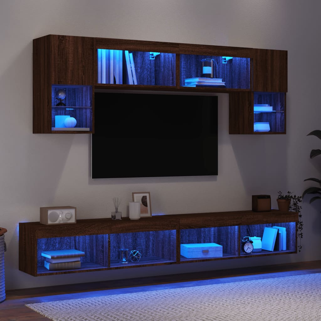 Vetonek Muebles TV pared con LED 6 pzas madera ingeniería marrón roble