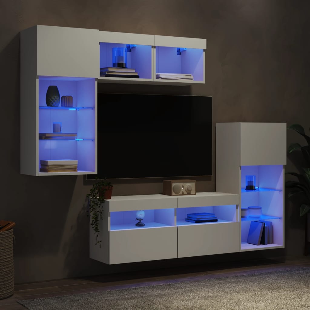 Vetonek Muebles de TV de pared con LED 5 pzas madera ingeniería blanco