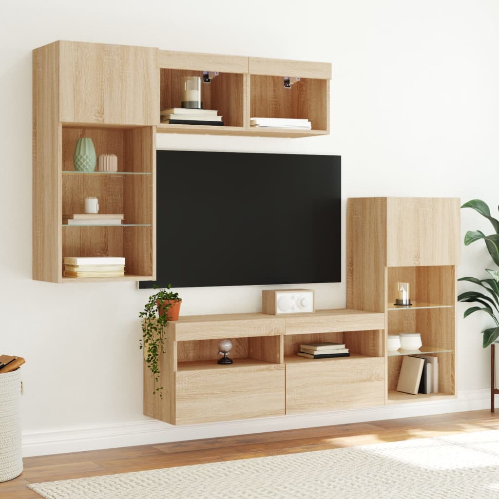 Muebles TV pared con LED 5 pzas madera sintetizada Nexus roble Sonoma