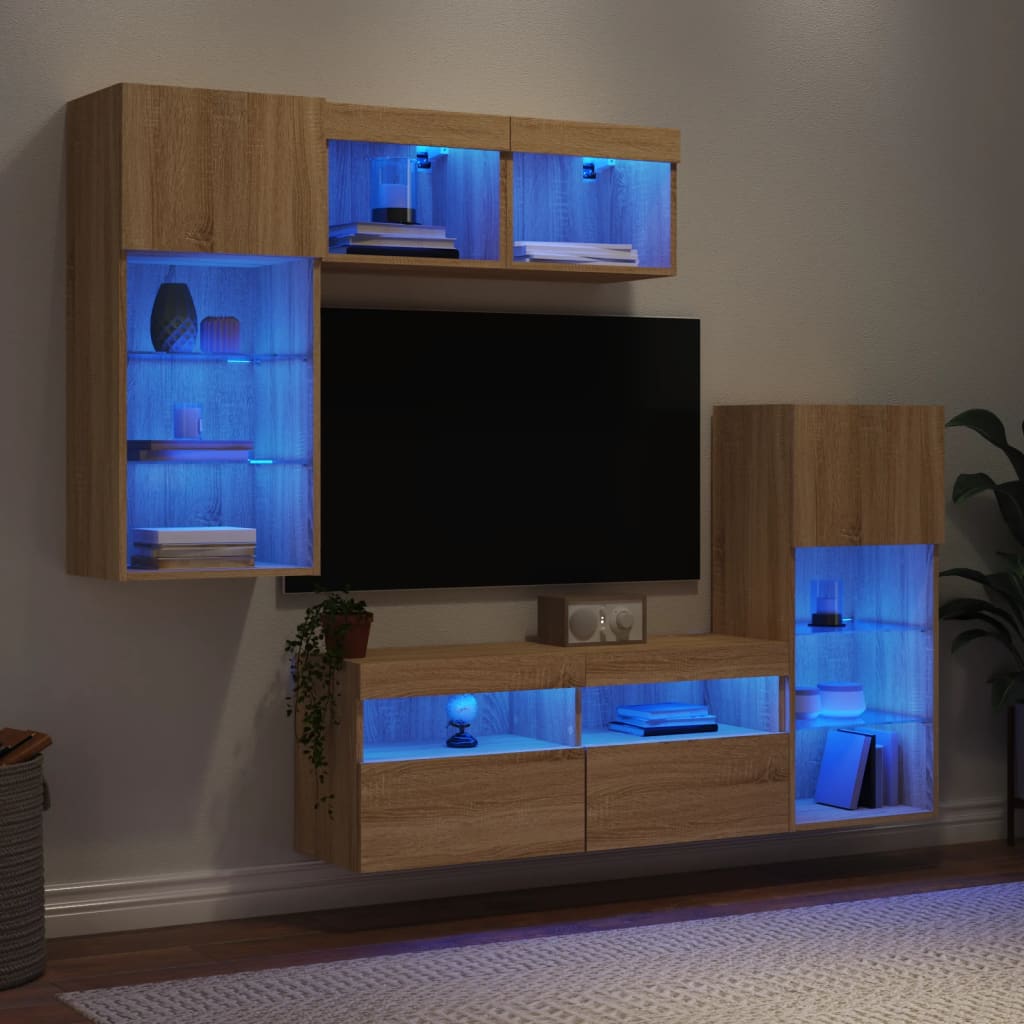 Vetonek Muebles TV pared con LED 5 pzas madera ingeniería roble Sonoma