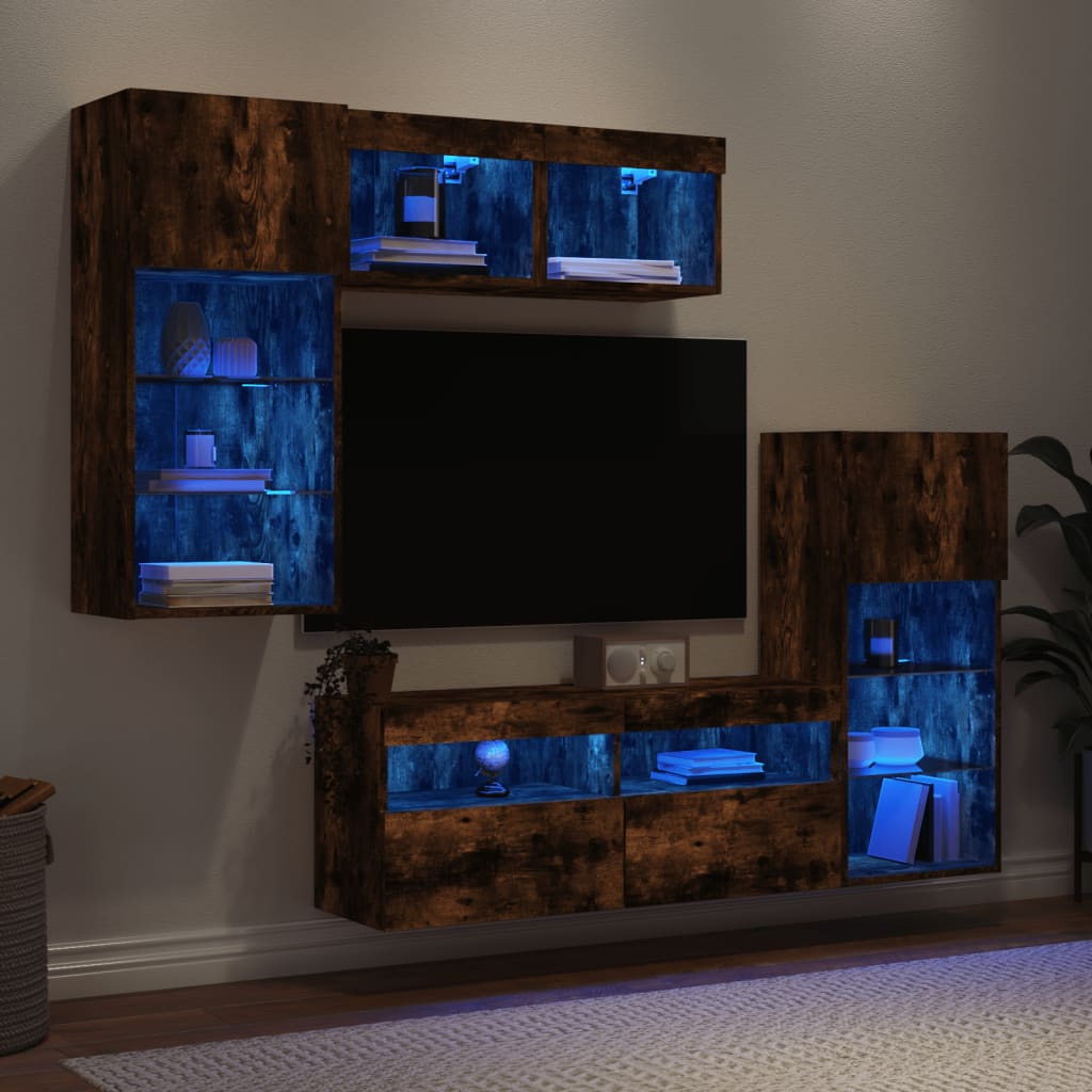 Vetonek Muebles TV pared con LED 5 pzas madera ingeniería roble ahumado