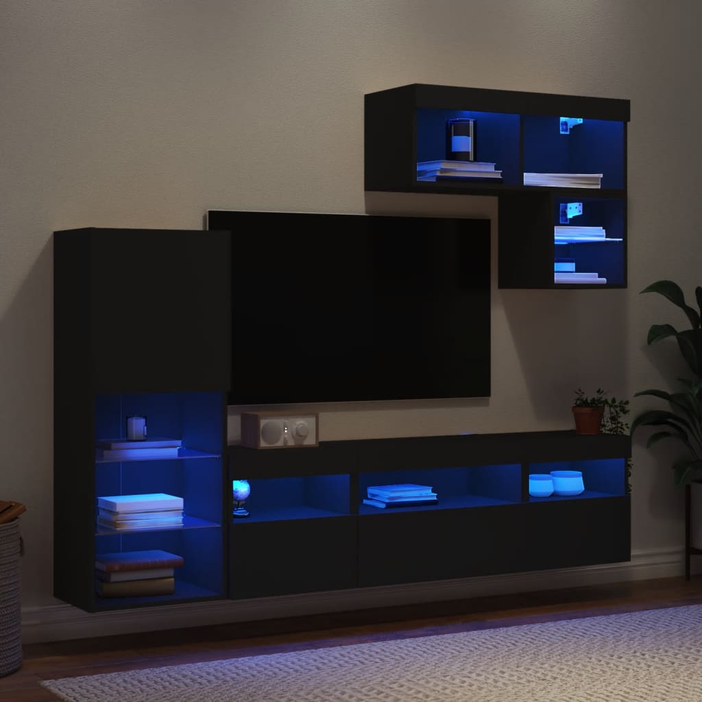 Vetonek Muebles de TV de pared con LED 6 pzas madera ingeniería negro