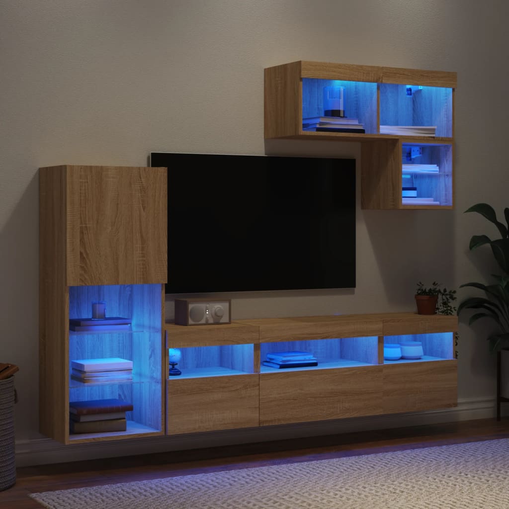 Vetonek Muebles TV pared con LED 6 pzas madera ingeniería roble Sonoma