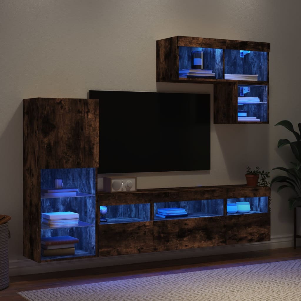 Vetonek Muebles TV pared con LED 6 pzas madera ingeniería roble ahumado