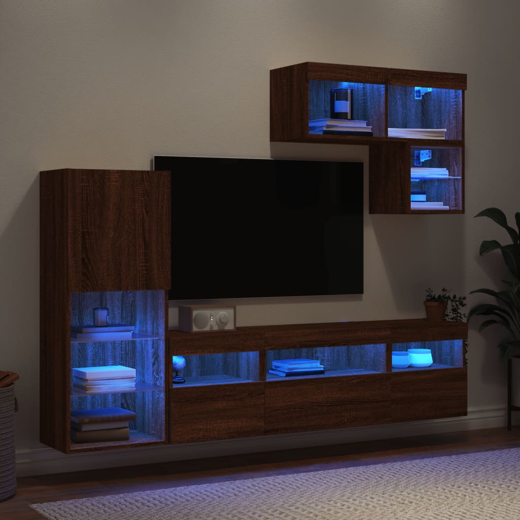 Vetonek Muebles TV pared con LED 6 pzas madera ingeniería marrón roble