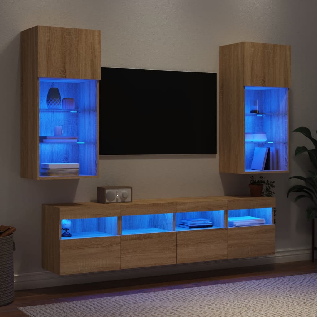 Vetonek Muebles TV pared con LED 5 pzas madera ingeniería roble Sonoma