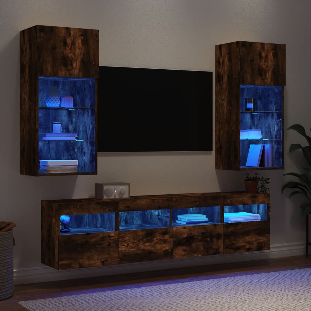 Vetonek Muebles TV pared con LED 5 pzas madera ingeniería roble ahumado