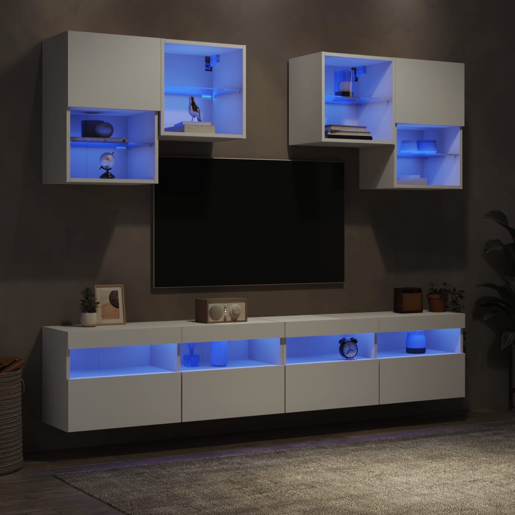 Vetonek Mueble de pared de TV con luces LED 6 piezas blanco