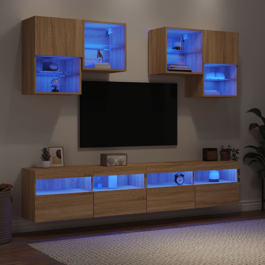 Vetonek Muebles de TV de pared con luces LED 6 piezas roble sonoma