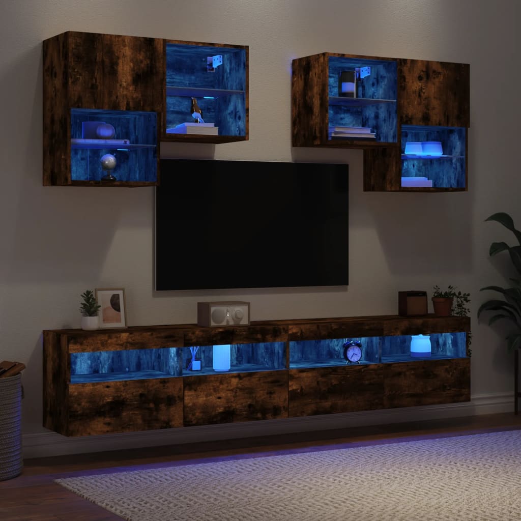 Vetonek Muebles de TV de pared con luces LED 6 piezas roble ahumado